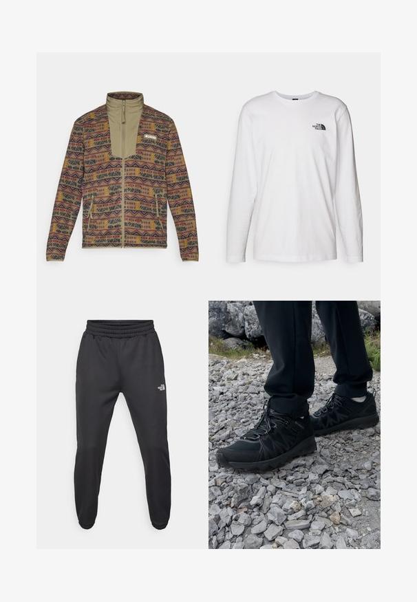 Chaqueta de forro polar con cremallera completa, estampada en tonos tierra con formas geométricas, que cuenta con bolsillos laterales con cremallera y un cuello alto.; Camiseta de manga larga blanca de algodón con cuello redondo. Presenta un pequeño logotipo negro en el pecho. Textura suave, corte regular.; Pantalones deportivos negros con cintura ajustable mediante cordón, corte tapered, puños elásticos y un pequeño logo blanco en el muslo izquierdo, fabricados en tejido suave.; Zapatos exteriores negros con malla y material sintético, que presentan un upper texturizado, un sistema de cordones seguro y una suela robusta, sobre terreno rocoso.