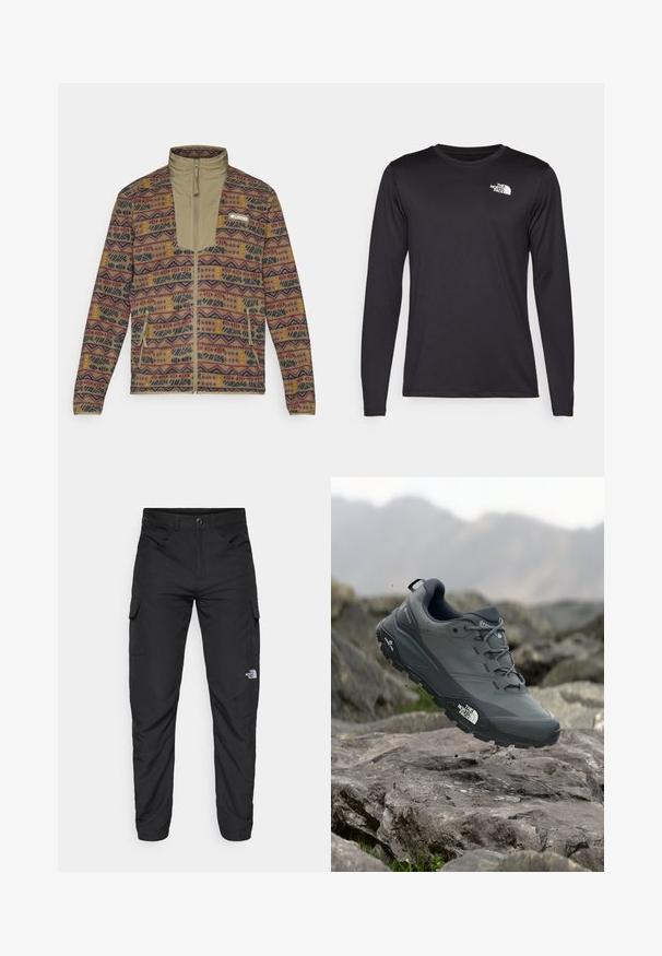 Fleece jacket with full zipper, patterned in earth tones with geometric shapes, featuring zipped side pockets and a high collar.; Long-sleeved black performance t-shirt made of lightweight fabric, featuring a white logo on the upper left chest. Smooth texture.; The North Face HORIZON PANT - Outdoor trousers - black; Grey trail running shoe with a textured upper, durable rubber sole, and reinforced toe cap. Features laces and brand logo on the side.