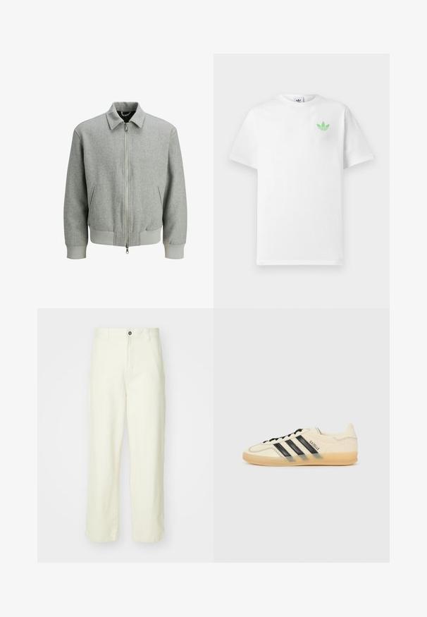 Light gray wool bomber jacket with front zipper, two side pockets, ribbed cuffs, and waistband, displayed on a white background.; White cotton t-shirt with short sleeves, featuring a small green Adidas logo on the left chest. Simple, classic design with a round neckline.; Light yellow cotton trousers with a straight-leg cut, featuring a front button closure, belt loops, and a clean, minimalist design.; Light cream sneaker with black three-stripe design, textured upper, round toe, and gum sole. Features laces and branding on side.