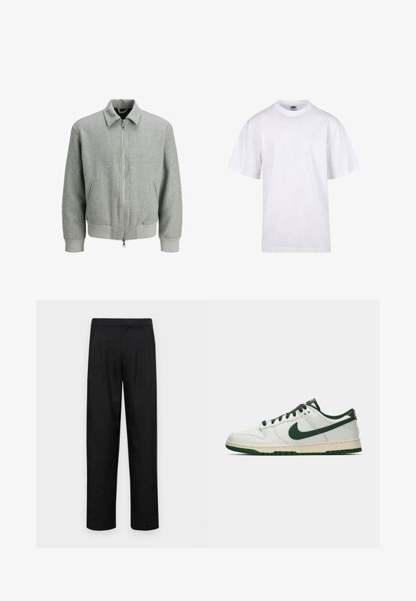 Hellgraue Wollbomberjacke mit Vorderreißverschluss, zwei Seitentaschen, gerippten Bündchen und Saum, auf einem weißen Hintergrund präsentiert.; Weißes Baumwoll-T-Shirt mit Rundhalsausschnitt, kurzen Ärmeln und lockerer Passform. Hat ein schlichtes Design ohne Muster oder Akzente.; Schwarze Hose aus glattem Stoff, mit geradem Bein Design, zwei vorderen Falten und einem Standardbund mit Gürtelschlaufen.; Weiße Low-Top-Sneaker mit dunkelgrüner Nike-Swoosh, Schnürsenkeln und Akzenten an der Sohle, im Profil auf einem schlichten weißen Hintergrund abgebildet.