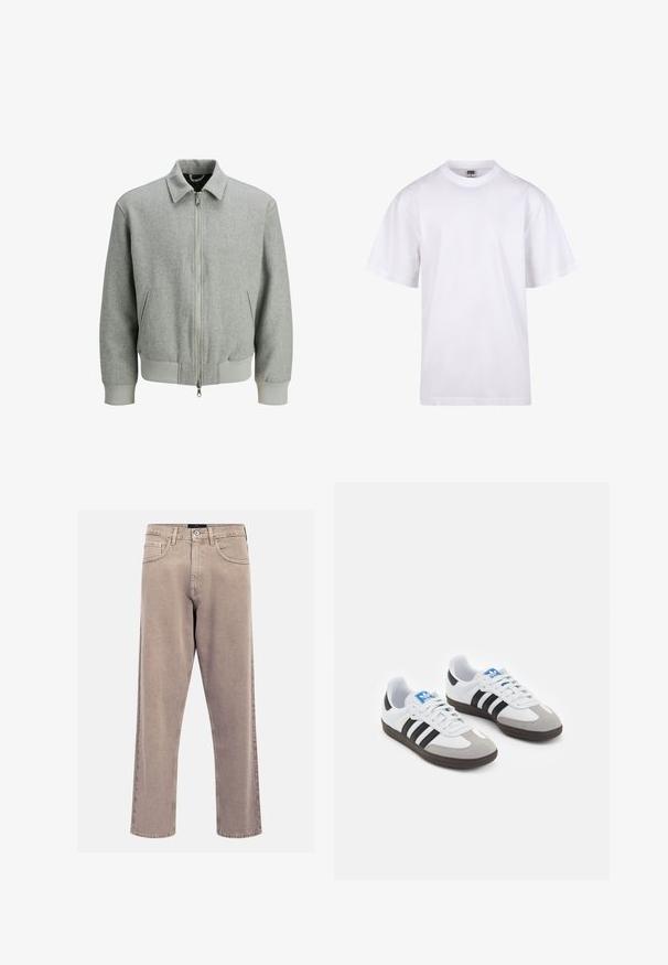 Jasnoszara wełniana bomberka z suwakiem z przodu, dwoma bocznymi kieszeniami, ściągaczami przy mankietach i pasie, prezentowana na białym tle.; Biała bawełniana koszulka z okrągłym dekoltem, krótkimi rękawami i luźnym krojem. Posiada prosty design bez wzorów czy akcentów.; Beżowe dżinsy o prostym kroju, wykonane z denimu, z klasycznym pięciopocketowym wzorem, przeszyciami oraz wykończeniem dolnej krawędzi.; Buty sportowe z białą skórzaną cholewką, szarym zamszowym noskiem i trzema czarnymi paskami. Posiadają niebieskie logo na języku oraz teksturowaną gumową podeszwę.