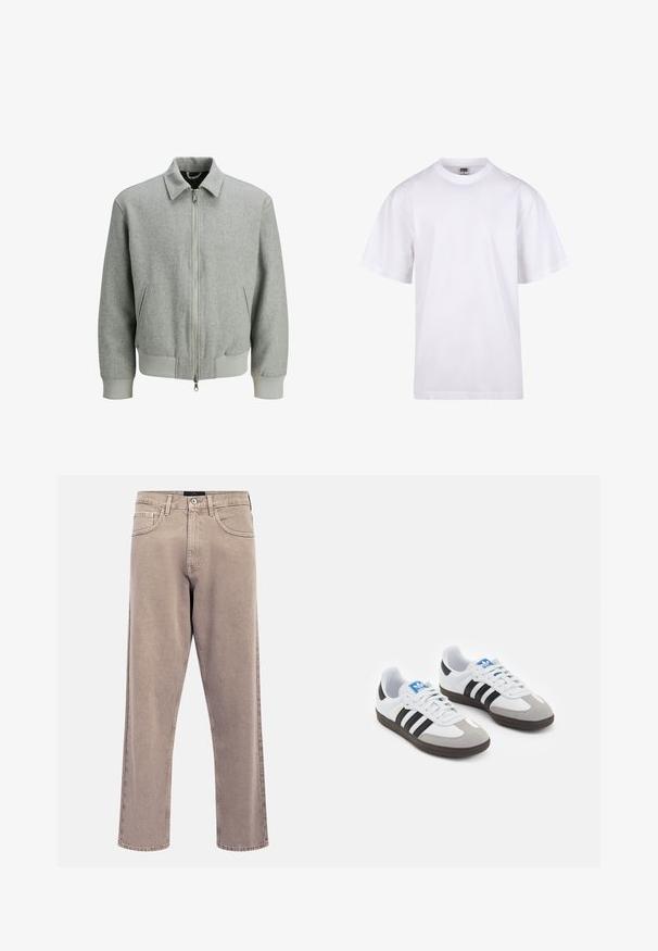 Light gray wool bomber jacket with front zipper, two side pockets, ribbed cuffs, and waistband, displayed on a white background.; White cotton t-shirt with a crew neckline, short sleeves, and a relaxed fit. Features plain design without patterns or accents.; Light beige straight-leg jeans with a slightly faded texture, five-pocket design, and metal button closure. Prominent stitching details.; Sport shoes with a white leather upper, gray suede toe, and three black stripes. Features a blue logo on the tongue and a textured rubber sole.