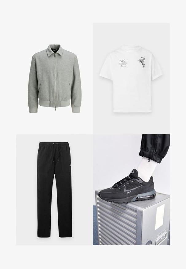 Lichtgrijze wollen bomberjack met rits aan de voorkant, twee zijzakken, ribgebreide manchetten en tailleband, tentoongesteld op een witte achtergrond.; Witte katoenen t-shirt met een zwarte grafische print van een gevleugeld figuur en tekst, met een ronde hals en korte mouwen.; Zwarte sweatpants van fleece, met een elastische tailleband met trekkoorden, twee voorzakken en een klein logo op de dij.; Nike Sportswear PULSE - Sneakers laag - black/anthracite