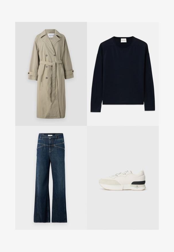 Μπεζ διπλής όψης αδιάβροχο παλτό με ζωνάκι, κουμπωτές μανσέτες και ελαφρώς υφή υφάσματος. Διαθέτει γιακά με γωνίες και δύο μπροστινές τσέπες.; Ναυτικές μπλούζες με μακρύ μανίκι, σε στυλ crewneck, από μαλακό και λείο ύφασμα με χαλαρή εφαρμογή. Διαθέτει ριγέ μανίκια και τελείωμα, και ετικέτα στον λαιμό.; Τζιν με φαρδιά πόδια από σκούρο μπλε ντένιμ, με ψηλή μέση, δύο μπροστινές τσέπες και αντίθεση στη ραφή.; Λευκό αθλητικό παπούτσι με υφασμάτινο καπάκι από σουέντ, ομαλή καλή, διακοσμητικά κορδόνια και μαύρη λάστιχο τακούνι.