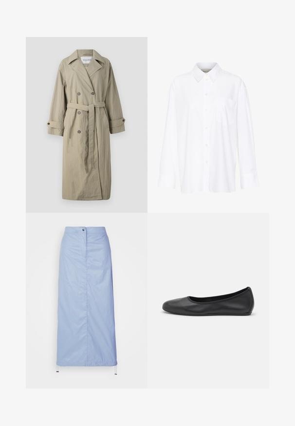 Beige, kétsoros trench coat, övvel, gombos mandzsettákkal és enyhén textúrált anyaggal. A kabáton nemcsak a bemetszett gallér, hanem két elülső zseb is található.; Fehér, hosszú ujjú, galléros ing, amely pamutból készült. Gombos elülső része és egyetlen mellzsebe van. Simított textúra, laza szabás.; Világoskék, közepes hosszúságú, sima, könnyű anyagból készült szoknya, egyenes szabással, elülső gombos zárással és húzózsinórral rendelkezik az alsó szegélyén.; Fekete bőr balettcipő lekerekített orral, sima tekstúrával, minimális varrással és rugalmas talp kialakítással.