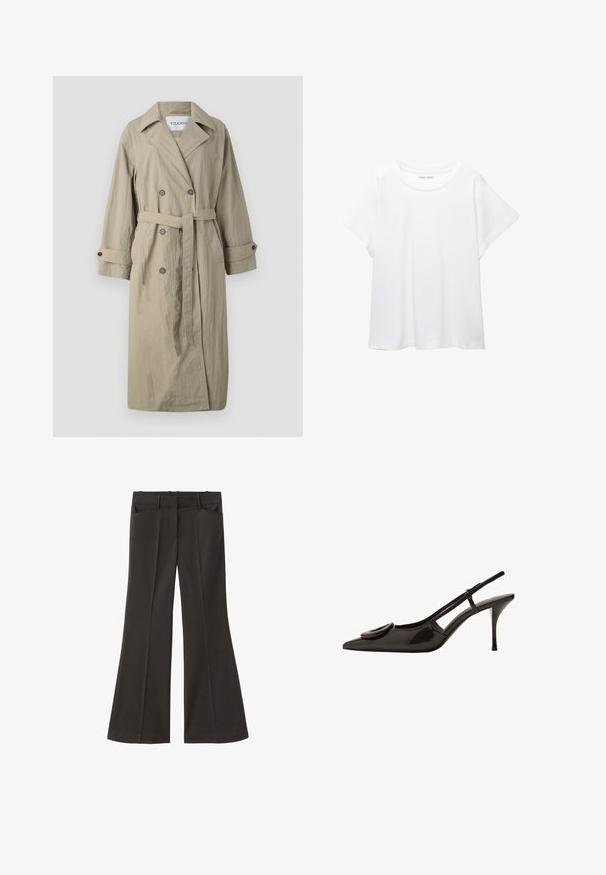 Béžový dvojozbrojený trenčkot s opaskom, gombíkmi na manžetách a mierne štruktúrovanou tkaninou. Má zárezový golier a dve predné vrecká.; Biele tričko vyrobené z mäkkého, ľahkého materiálu. Má okrúhly výstrih a krátke, široké rukávy s uvoľneným strihom. Bez viditeľných vzorov.; Čierne rozšírené nohavice s vysokým pásom; majú dve bočné vrecká a hladkú textúru látky. Vhodné na rôzne príležitosti.; Čierne lakované slingback topánky s prednou časťou do špica, minimalistický dizajn, malý obľúkový akcent na nártovej časti a štíhla podpätok.