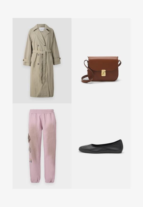 Bež kaheline vihmamantel, millel on sidumisvöö, nööpidega mansetid ja veidi tekstuuriga kangas. Omab sakilisi krae ja kahte esikotti.; Valge lühikeste varrukatega T-särk ribatud kangast. Ümara kaelusega, tavalisest sobivusest ja peente õmbluse detailidega. Ilma mustrite või graafikateta.; Roosa spordipüksid elastse paelaga vööl, millel on vasakul küljel dekoratiivsed rombikujulised plaastrid ja elastsed mansetid pahkluude juures.; Musthave mustika tantsutossud mustast nahast, ümmarguse varbaga, siledast tekstuurist, minimaalse õmblusdetailiga ja paindliku tallakujundusega.; Pruunist nahast käekott, millel on klapiga sulgur, kuldne riistvara, õlarihm ja sile tekstuur. Kompaktne ristkülikukujuline vorm.