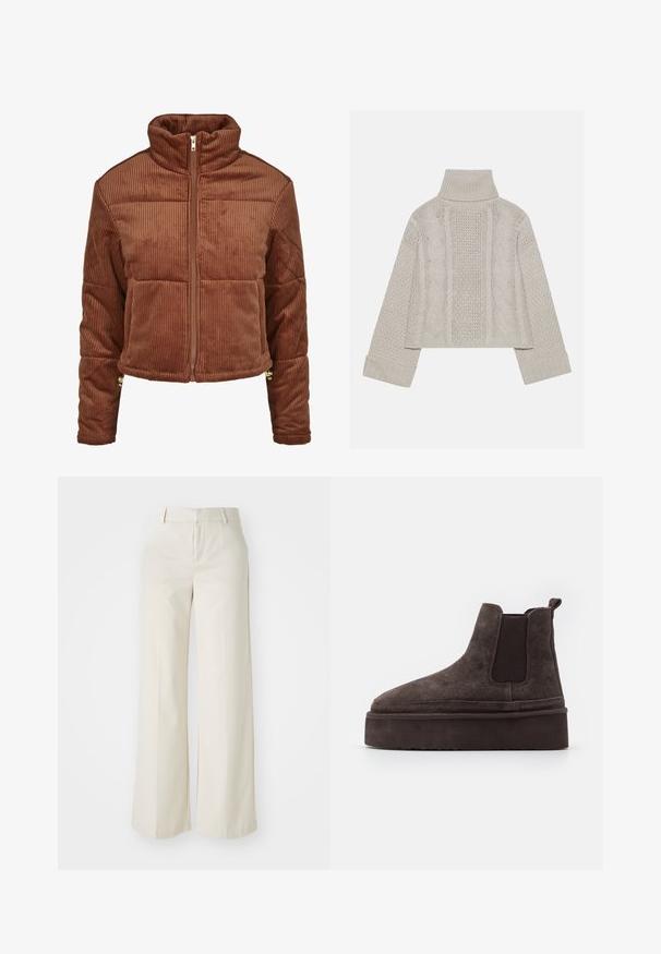 Smeđi kord jakna s visokim ovratnikom, prednjim zatvaračem i pufastim dizajnom. Ima uspravne rebraste detalje i akcente od hardvera na manžetama.; Skraćeni, svijetlosivi pleteni pulover s visokim ovratnikom i rebrastim manžetama, sa teksturiranim cables uzorak na leđima i stranama.; Hlače širokih nogavica u svijetloj bež boji, izrađene od glatke tkanine. Imaju klasičnu elastičnu traku u struku i ravni prednji dio s čistim linijama.; Smeđe nubuk Chelsea čizme s elastičnim bočnim panelima i debelim, teksturiranim potplatima. Imaju traku za povlačenje na peti radi lakšeg obuvanja.