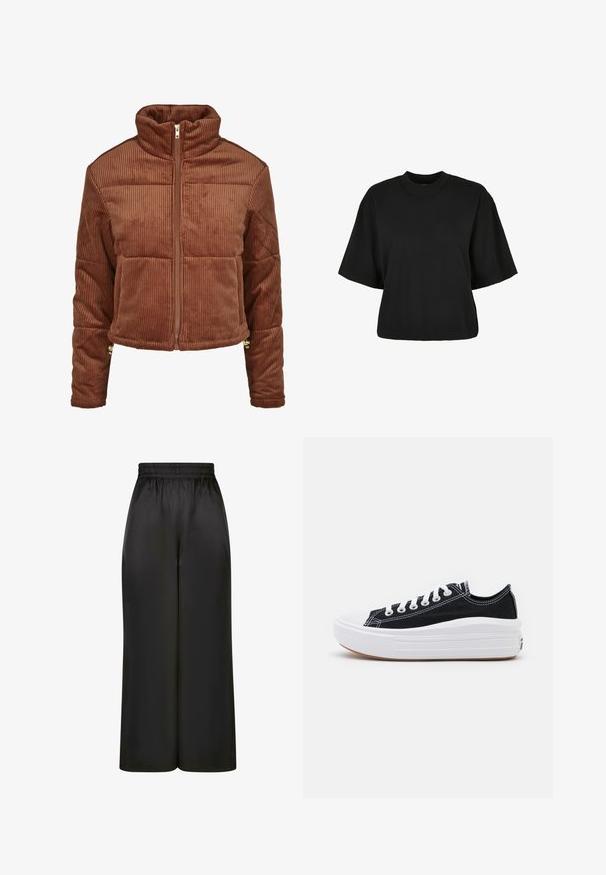 Giacca in corduroy marrone con colletto alto, zip frontale e design voluminoso. Presenta costine verticali e dettagli in metallo sui polsini.; Maglietta nera cropped realizzata in cotone. Presenta maniche corte e un collo rotondo. Tessuto liscio con un design semplice, senza ulteriori motivi.; Pantaloni neri a gamba larga realizzati in un tessuto liscio e lucido, con una vita elastica e senza tasche visibili o dettagli in metallo.; Sneaker nere in tela con lacci bianchi, punta in gomma bianca e una suola intermedia bianca e spessa. Presentano cuciture bianche sottili e una suola in gomma.