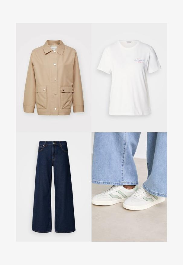 Beige jakker, mis on valmistatud puuvillase kangast, millel on krae, ees nupud ja kaks eesmist taskut klappidega. Sile tekstuur, igapäevane disain.; Valge puuvillane T-särk lühikeste varrukatega, ümar kaelus ja roosa/sinine graafiline trükk, millel on rindkeres kiri "Gant Sports Club 1949".; Laialised tumedast sinisest denimist teksad kõrge vöökoha ja esipocketitega, millel on nööbikinnitus. Omab kontrastset õmblust ja siledat tekstuuri.; Valged spordijalatsid heleda rohelise aktsendiga, tekstureeritud nahast ja lame kummist tallaga. Kombineeritud laiade jalgade denimpükstega.