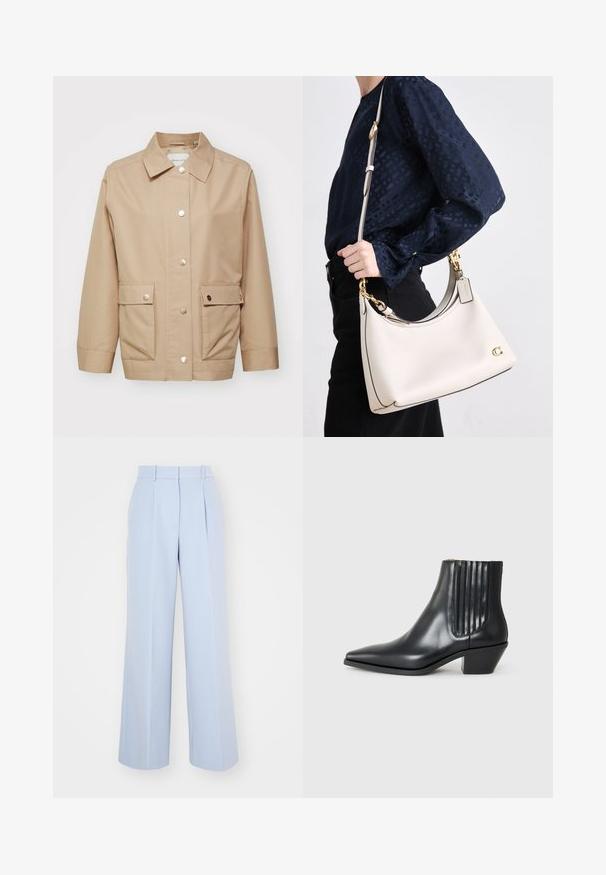 Beige jakker, mis on valmistatud puuvillase kangast, millel on krae, ees nupud ja kaks eesmist taskut klappidega. Sile tekstuur, igapäevane disain.; Mustmust särk, millel on ümar kaelus, lühikesed varrukad ja tindiga tikitud logo rinnal. Lihtne, mugav lõige ilma mustriteta.; Heledad sinine laia säärega püksid kõrge vöökohtaga, millel on ees voldid, valmistatud siledast kudumist. Nähtavat riistvara ei ole.; Must kõva nahast ankle boot terava varbaga, elastsete külgpanelide ja vertikaalsete soontega ning madala ploki kontsaga. Sile tekstuur ja stiilne disain.; Beežist nahkhandi tumedate servadega, kõver siluett, kuldne riistvara ja eemaldatav rihm, hoitakse külje peal tumeda riietuse vastu.