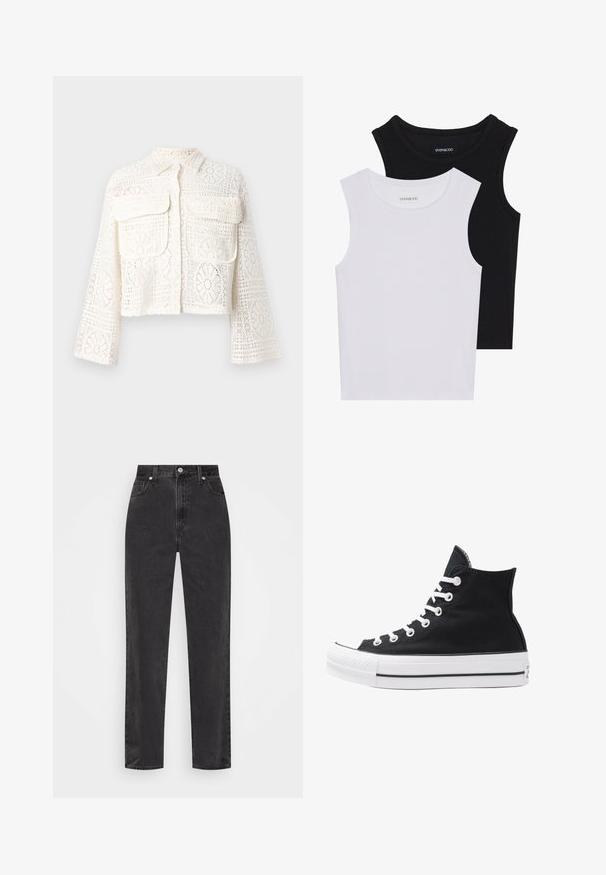 Avkortet hvit blondejakke med krage, lange ermer og to frontlommer. Har intrikate blomster- og geometriske mønstre gjennom hele.; To skjortetopper uten ermer i svart og hvitt, laget av ribbestrikket bomull, med rund hals og en tettsittende design. Merker synlige på begge.; Sorte denim jeans med høy midje, rett ben, frontknapp og glidelås, og fem-lomme stil på en hvit bakgrunn.; Høye svarte kanvas-sneakers med hvite øyler, snører og gummisåle. Har en teksturert tåhette og svarte og hvite striper som detaljer.