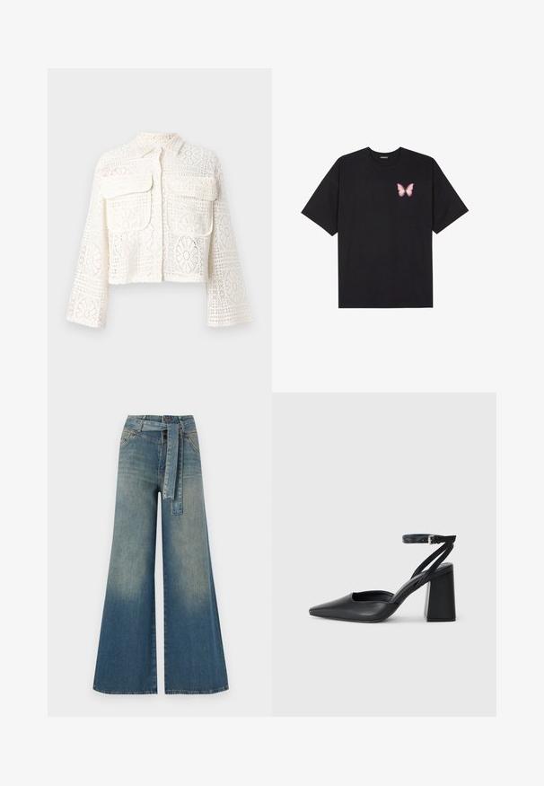 Cropped white lace jacket with a collar, long sleeves, and two front pockets. Features intricate floral and geometric patterns throughout.; Black cotton t-shirt with short sleeves, featuring a small pink butterfly graphic on the left chest. Crew neck design with a relaxed fit.; Wide-leg denim trousers featuring a light to dark blue gradient, high waist, belt loops, and a matching fabric belt. Textured denim finish.; Black leather pointy-toe pump with an ankle strap and a chunky heel. Flat texture, sleek design, and minimalistic aesthetics.
