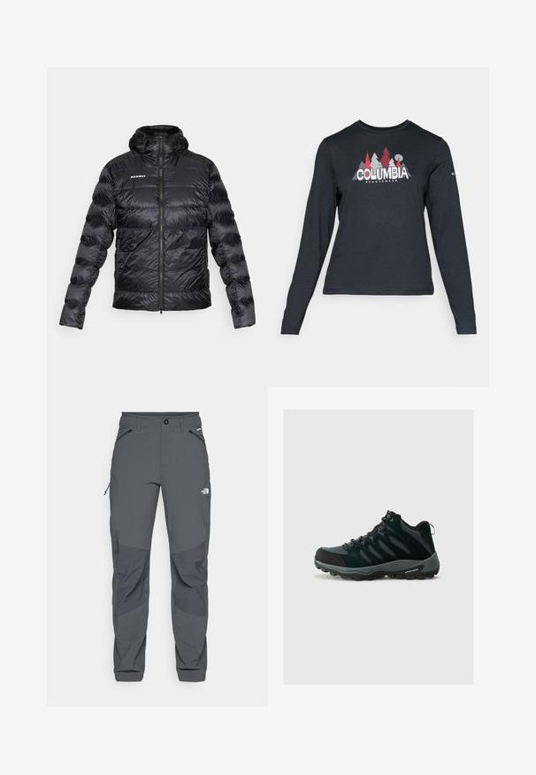 Juodas pūkų parkas su užtrauktuku priekyje, kapisonu ir elastingomis rankovėmis. Papuoštas Mammut logotipu ant krūtinės ir tekstūruotu, blizgiu paviršiumi.; Ilga rankovė tamsiai pilka marškinėliai su raudonų medžių ir kalnų grafika; drąsaus baltos spalvos teksto "COLUMBIA" logotipas. Minkšta medžiaga, standartinis apvalus kaklas.; Tamsiai pilkos lauko kelnės su sustiprintomis kelio kišenėmis, užtrauktukais šoninėse ir priekinėse kišenėse, mygtuko uždarymu ir The North Face logotipu ant šlaunies.; Columbia REDMOND - Turistiniai batai - black/citron haze
