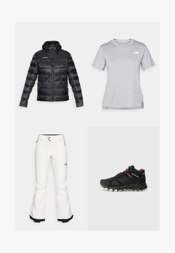 Crna puf jakna s patentnim zatvaračem sprijeda, kapuljačom i elastičnim manžetama. Ima Mammut logo na prsima i teksturiranu, sjajnu završnu obradu.; Siva kratka majica s kratkim rukavima izrađena od mekog, tkanog materijala koji upija vlagu. Ima okruglu izrez i mali bijeli logo na gornjem lijevom dijelu.; Bijele skijaške hlače izrađene od mekog, fleksibilnog materijala. Imaju uski struk, široke ispružene nogavice i crne obrube na manžetama. Vidljiv brend logo.; Columbia PEAKFREAK HERA MID - Obuća za pješačenje - black/deep madeira