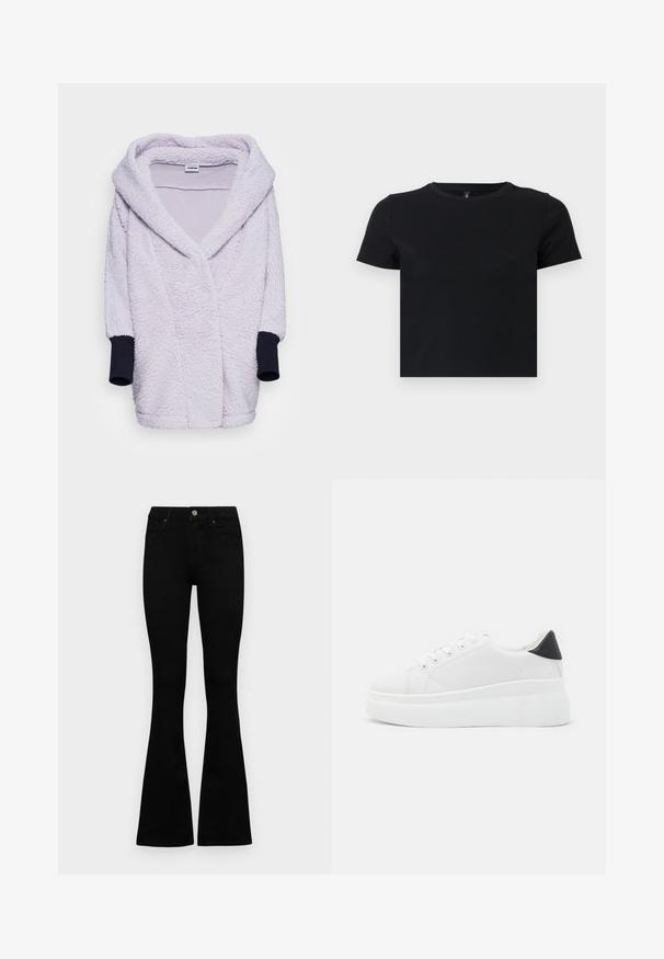 Noisy May NMCUDDLE COATIGAN - Casaco curto - lavender blue; T-shirt preto de manga curta feito de algodão suave. Apresenta um decote redondo e um design ajustado. Textura suave sem padrões ou detalhes.; Jeans pretos de cintura alta com fecho de botão e zíper, bolsos frontais e pernas largas dispostos em cima de um fundo branco.; Tênis plataforma brancos feitos de material sintético suave, apresentando ponta arredondada, design com cadarços e sola de borracha texturizada. Acento preto no calcanhar.