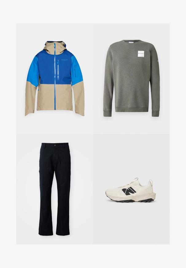 Šarena vanjska jakna koja ima plavi gornji dio, bež donji dio, prednji zatvarač i kapuljaču. Uključuje džepove sa zatvaračem sprijeda.; Maslina zeleni dukserica napravljena od mekanog materijala, s okruglim izrezom, dugim rukavima i pravokutnom bijelom logotipskom oznakom sprijeda.; Tamno plave hlače od mješavine pamuka, s ravnim krojem, bočnim džepom na zatvarač i suptilnim detaljima šivanja.; Svijetlosmeđi tenisice s gornjim dijelom od mrežastog materijala, crnim logom i teksturiranom potplatom. Naglašene geometrijskim uzorkom na srednjem potplatu.