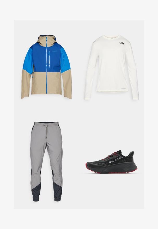 Chaqueta de exterior colorida con una sección superior azul, sección inferior beige, cremallera en el frente y capucha. Incluye bolsillos con cremallera en la parte delantera.; Camisa blanca de manga larga con cuello redondo, tela texturizada, logotipo negro en el hombro izquierdo y una sutil marca en la parte inferior.; Pantalones deportivos ligeros y grises con acentos negros. Cintura elástica, cierre con cordón, diseño de pierna ajustada y bolsillos laterales.; Zapatilla deportiva negra con parte superior texturizada, cordones rojos y logotipo. Suela gruesa con patrón de relieve para tracción. Diseño minimalista, vista lateral.