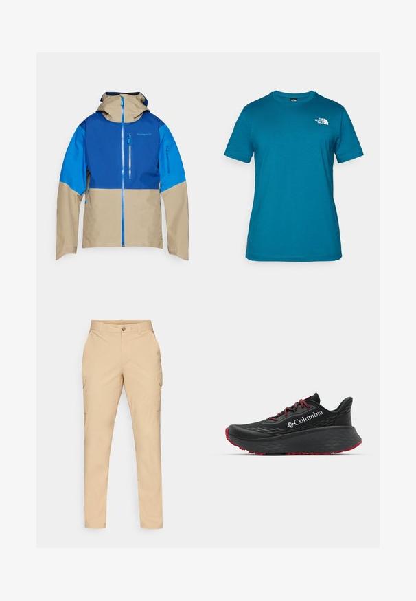 Värvikas välinev väline, millel on sinine ülemine osa, beež alumine osa, eesmine lukku ja kapuuts. Siselukkudega taskud ees.; Teal värvi lühikese varrukaga t-särk, mis on valmistatud pehmest puuvillast, valge logoga, mis on trükitud vasakule rinnaosale ning klassikalise ümarate kaelustega disainiga.; Beige cargo püksid, millel on nööpkinnitus, kitsas lõige, küljetaskud ja sile puuvillane segakanga materjal. Ilma nähtavate mustrite või aksesuaarideta.; Mustan värvi spordijalats tekstuuriga pealisega, punaste paelte ja logoga. Paksem tallaga, millel on mustritooted kaheksast edasi liikumiseks. Minimalistlik disain, külgvaade.