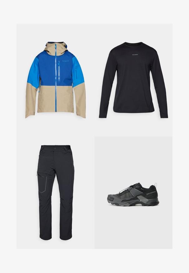 Krāsains āra mētelis ar zilu augšējo daļu, bēšu apakšējo daļu, priekšu ar rāvējslēdzēju un kapuci. Iekļautas rāvējslēdzēja kabatas priekšā.; Melns garām piedurknēm T-krekls ar apaļu kakla izgriezumu, izgatavots no gludas auduma. Tam ir diskrētas šuves un mazs logotips uz krūtīm.; Melni āra bikses ar rāvējslēdzēja sānu kabatu, elastīgu jostasvietu un gludu, ūdensizturīgu audumu. Tīra dizaina bez redzamām emblēmām.; Melnas taku skriešanas kurpes ar izturīgu sieta augšdaļu, pastiprinātu purngala daļu, teksturētu gumijas zoli un elastīgu šņorēšanas sistēmu drošai piegulšanai.