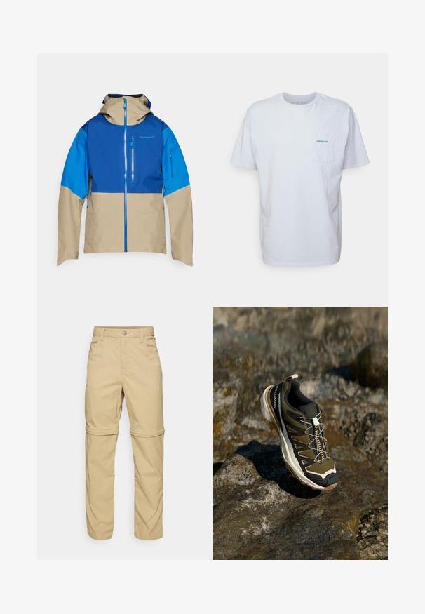 Värikäs ulkoilutakki, jossa on sininen yläosa, beige alaosa, vetoketju edessä ja huppu. Takissa on vetoketjulliset taskut edessä.; Valkoinen puuvillapaita lyhyillä hihoilla, pyöreällä kaula-aukolla ja vasemmalla rintataskulla, jossa on sininen "Patagonia" -logo. Klassinen istuvuus ja sileä tekstuuri.; Beige-harmaat, joissa on sileä pinta, kaksi sivutaskua, napin suljinta ja käärittävät hihansuut monikäyttöisyyttä varten.; Vaelluskengät oliivinvihreänä ja mustana, pinkeillä yksityiskohdilla. Ominaisuuksiin kuuluu teksturoitu yläosa, joustava pohja, vahvistettu varvasosa ja värikäs nauhoitusjärjestelmä.