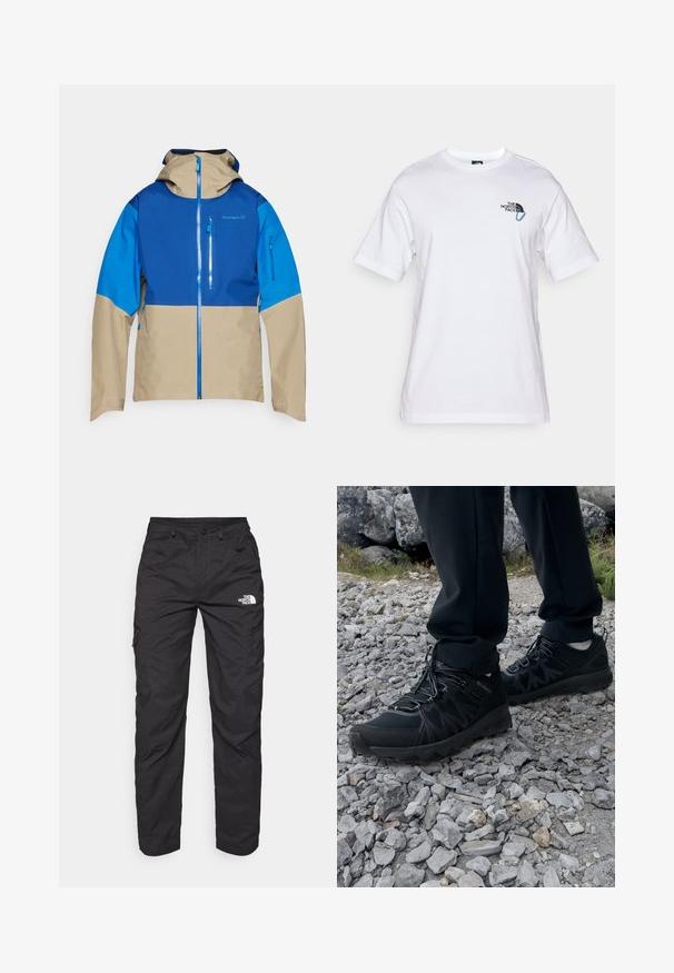 Chaqueta de exterior colorida con una sección superior azul, sección inferior beige, cremallera en el frente y capucha. Incluye bolsillos con cremallera en la parte delantera.; The North Face EXPLORE CARABINER RELAXED TEE UNISEX - Camiseta estampada - white; Pantalones cargo negros hechos de tejido ligero. Con bolsillos laterales con cremallera y un logo en el muslo izquierdo. Diseño de pierna recta.; Zapatos exteriores negros con malla y material sintético, que presentan un upper texturizado, un sistema de cordones seguro y una suela robusta, sobre terreno rocoso.
