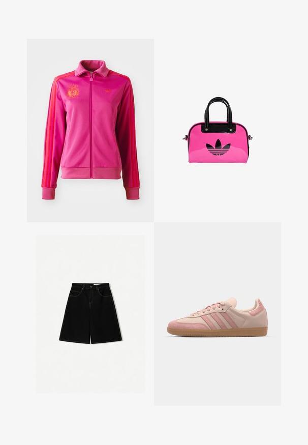 Różowa kurtka zapinana na zamek z wysokim kołnierzem, z pomarańczowymi paskami i logo. Wykonana z gładkiego materiału z prążkowanymi mankietami i dołem.; Biała bluzka na halter wykonana z miękkiego materiału, z napisem z diamencików "Juicy" na froncie. Wiązana na szyi, co pozwala na regulację dopasowania.; Czarne szorty dżinsowe o luźnym kroju, z pięcioma kieszeniami, żółtymi przeszyciami i średnim stanem.; adidas Originals SAMBA OG nude; Różowa torebka patentowa z czarnym logo i uchwytami, o zaokrąglonym kształcie i zamknięciu na zamek. Lśniąca tekstura zwiększa widoczność.