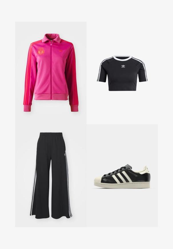 Pink zip-up jacket with a high collar, featuring orange stripes and logos. Made of smooth fabric with ribbed cuffs and hem.; Black cropped t-shirt made of cotton, featuring a ribbed white crew neck, short raglan sleeves, and white side stripes with a small logo.; Black wide-leg sweatpants with an elastic waistband, featuring white side stripes and an embroidered logo on the left thigh.; Black leather sneaker with white stripes, rubber toe cap, black laces, and a cream-colored outsole. Smooth texture with shiny finish.