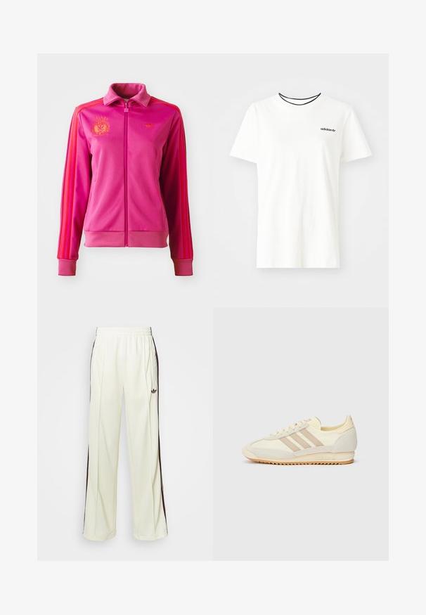 Roza jakna na zadrgo z visokim ovratnikom, okrašena z oranžnimi črtami in logotipi. Narejena iz gladkega blaga z rebrastimi manšetami in robom.; Bela bomba majica iz bombaža s kratkimi rokavi in okroglim izrezom. Ima črni Adidas logotip na prsih ter kontrastni črni notranji ovratnik.; Kremne hlače za treniranje s sproščenim krojem, ki imajo temno rjave stranske črte in vezeno logo na levem stegnu.; Kremna atletska teniska obutev z tremi bež črtami, usnjatom in tekstilnim materialom, teksturiranim podplatom ter embosiranim logotipom na peti.