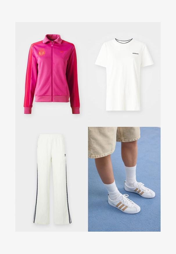 Jaqueta rosa com zíper e colarinho alto, apresentando riscas laranjas e logos. Feita de tecido suave, com punhos e barra em malha canelada.; T-shirt de algodão branca com mangas curtas e decote redondo. Apresenta um logo preto da Adidas no peito e uma gola interna preta em contraste.; Calças em malha grossa de cor creme clara, com design flare. Apresentam riscas laterais azul-escuro e um logótipo da Adidas na anca. Cintura elástica.; Tênis brancos com três listras douradas, design de cadarços, sola de borracha, usados com meias brancas caneladas e calções bege sobre uma superfície azul.
