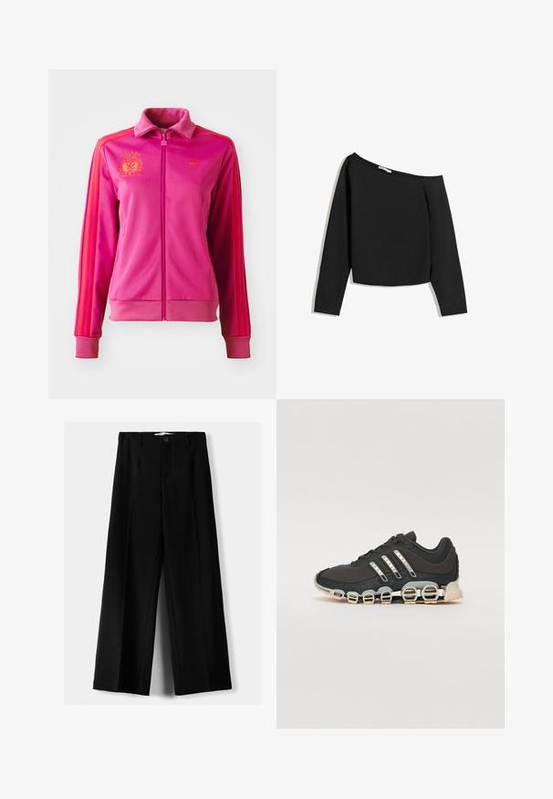 Jachetă roz cu fermoar, cu guler înalt, având dungi și logo-uri portocalii. Confeționată dintr-un material neted, cu manșete și tiv din material striat.; Top negru, cu umerii goi, cu mâneci lungi, fabricat dintr-un material moale. Prezintă un design scurt cu un gât larg și mâneci ajustate.; Pantaloni negri cu picior larg, fabricați dintr-un material ușor, cu închidere frontală cu nasture și față plată, având tivuri cusute cu atenție.; Pantof cu aspect sport de culoare neagră, cu un superior texturat, trei dungi argintii și o talpă de amortizare distinctivă, ce prezintă multiple secțiuni integrate.