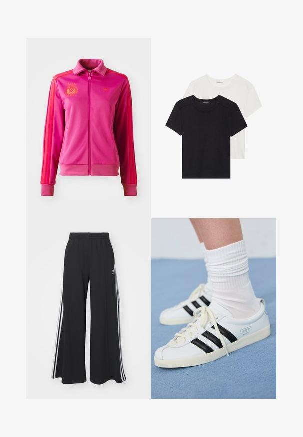 Vaaleanpunainen vetoketjullinen takki, jossa on korkea kaulus, oranssit raidat ja logot. Valmistettu sileästä kankaasta, jossa on resorit hihansuissa ja helmassa.; Kaksi lyhythihaista t-paitaa mustana ja valkoisena. Valmistettu pehmeästä puuvillasta, jossa on pyöreä kaula-aukko ja normaali istuvuus, jossa on minimaalista ompelutaitoa.; Mustat löysät verkkarit, joissa on joustava vyötärö, valkoiset sivuraidat ja brodeerattu logo vasemmassa reidessä.; Valkoiset nahkakengät, joissa on mustat raidat, kermaisen värinen pohja ja vaaleat nauhat. Puettu valkoisten urheilusukkien kanssa, taustalla sininen väri.