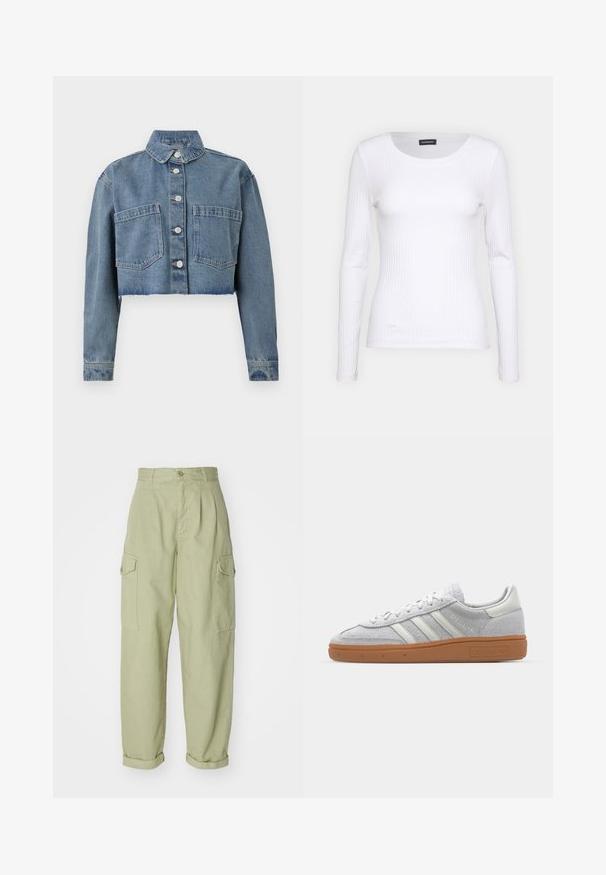 Jaqueta de ganga cropped em azul claro, com colarinho pontudo, botões frontais e dois bolsos no peito. Barra desgastada e mangas longas.; Top branco canelado de mangas longas com um decote redondo. Feito de um tecido elástico que se ajusta ao corpo. Apresenta linhas horizontais sutis.; Calças cargo verde claro feitas de tecido de algodão. Apresentam uma cintura alta, punhos enrolados e dois bolsos laterais cargo para maior utilidade.; Sapatilha de camurça cinza claro com acabamentos em pele branca, três riscas brancas e sola de borracha castanha, apresentando um colarinho almofadado para conforto.