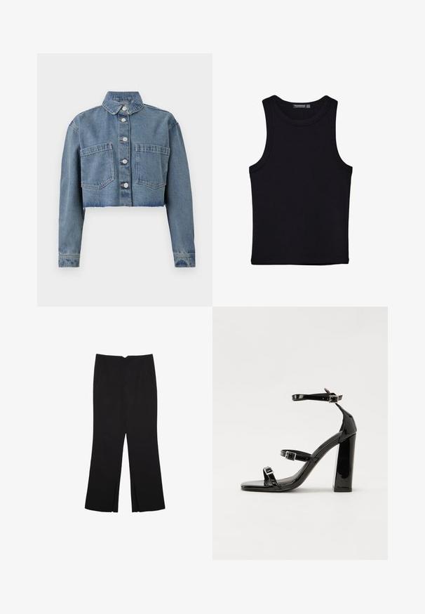 Kratenog traper jakna svijetlo plave boje, s oštrim ovratnikom, prednjim gumbima i dva džepa na prsima. Oštećeni rub i duge rukave.; Crni top bez rukava od pamuka, s okruglim izrezom i širokim izrezima za ruke. Glatka tekstura s ušivenim rubovima. Klasičan, minimalistički dizajn.; Crne hlače ravnog kroja, s prednjim džepovima i bočnim prorezima na rubu. Izrađene od mekog i glatkog materijala. Pogodne za razne prigode.; Crne lakirane sandale na visoku petu s dva remena s kopčama, kvadratnim vrhom i masivnom blok petom, s glatkom, sjajnom teksturom.