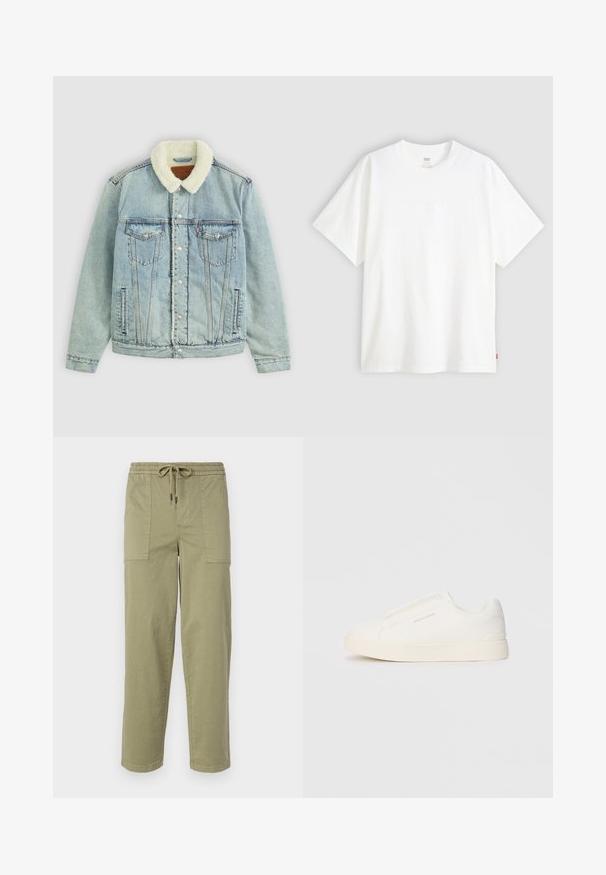 Světlomodrá denimová bunda s huňatým bílým límcem. Má náprsní kapsy, patentky a volný střih s viditelnými švy.; Bílý krátký rukáv tričko vyrobené z bavlny s kulatým výstřihem. Na přední straně se nachází decentní embosované logo a červená cedulka na lemu.; Pantalony světle olivové barvy vyrobené z bavlněné směsi, s elastickým pasem na šnůrku a dvěma velkými bočními kapsami.; Bílé slip-on tenisky s texturovaným povrchem, silnou podešví a minimalistickým designem. Na boku je umístěno logo značky.