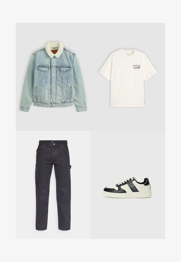 Svijetloplavi traper jakna s mekanim bijelim ovratnikom. Ima džepove na prsima, kopče na dugmad i opušteni kroj s vidljivim detaljima šavova.; Bijela majica s kratkim rukavima od pamuka, s crnim grafičkim dizajnom na lijevoj strani prsnog dijela s riječju "Fresh."; Tamno sivi cargo hlače od izdržljivog materijala, s ravnim krojem, pet džepova i kopčanjem na dugme u struku.; Kožne tenisice s crno-bijelom paletom boja, koje imaju perforirane akcentne detalje, podstavljeni ovratnik i teksturiranu potplat.