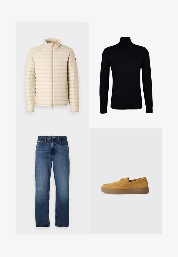 Save the duck ALEXANDER - Winter jacket - beige; Black turtleneck sweater in a smooth knit fabric. Features long sleeves, a fitted neck, and ribbed cuffs and hem for a snug fit.; Blue denim jeans with a straight leg design. Features faded areas and light distressing on the front, with a classic button closure.; Brown suede slip-on shoes with a textured finish, round toe, and contrasting rubber sole. Features subtle branding near the heel.
