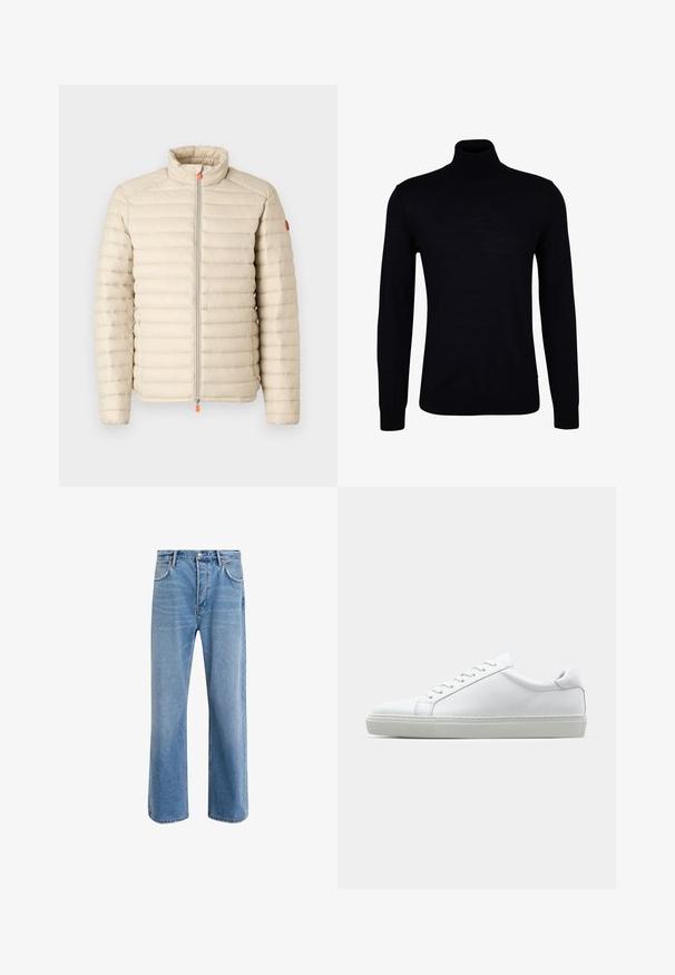 Save the duck ALEXANDER - Winterjas - beige; Zwarte coltrui van een gladde brei-stof. Voorzien van lange mouwen, een aansluitende hals, en geribbelde manchetten en zoom voor een strakke pasvorm.; Lichtblauwe denim jeans met een straight-leg ontwerp, vijf zakken, knoopsluiting, minimale vervaging en contrasterende stikseldetails.; Witte sneaker met een gladlederen bovenwerk en een laag profiel. Voorzien van een ronde neus, zes vetergaatjes en een gestructureerde rubberen zool.