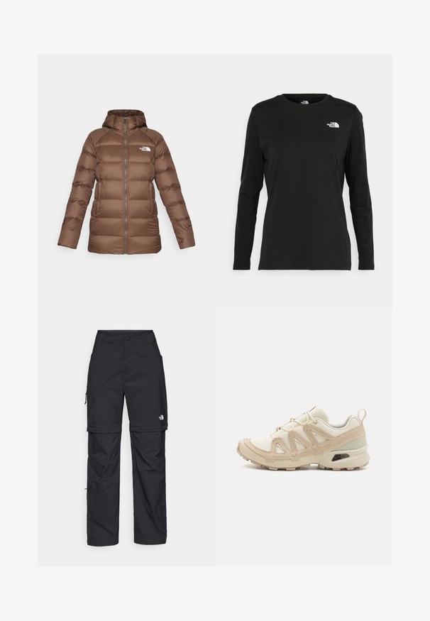 The North Face HYALITE - Dunjakke - smokey brown; Svart langermet T-skjorte laget av bomull med rund hals. Har en liten hvit logo på venstre brystområde. Enkelt design og passform.; Svarte nylon cargo-bukser med glidelås og justerbare mansjetter, flere lommer og en logo på høyre bein. Glatt, lett tekstur.; Beige og krem joggesko med teksturert mesh-overdel, støttende overlegg og gummisåle med et mønster for godt grep.