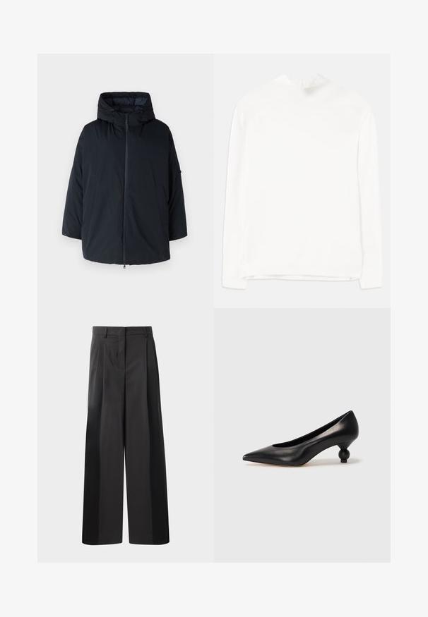 Černá péřová bunda s kapucí, s předním zipem, dvěma bočními kapsami a mírně oversize střihem. Měkká, hladká textura.; Bílý dlouhý rukáv top s vysokým výstřihem, žebrovanou texturou a rovný střih. Tkanina vypadá měkká a hladká, bez viditelných vzorů.; Černé kalhoty širokého střihu s vysokým pasem, které mají přední sklady, hladký povrch a upravený vzhled. Navrženy pro volný střih.; Černá kožená vysoká bota na podpatku s špičatou špičkou a kulatým, zaobleným podpatkem. Hladká textura s elegantním, minimalistickým designem.