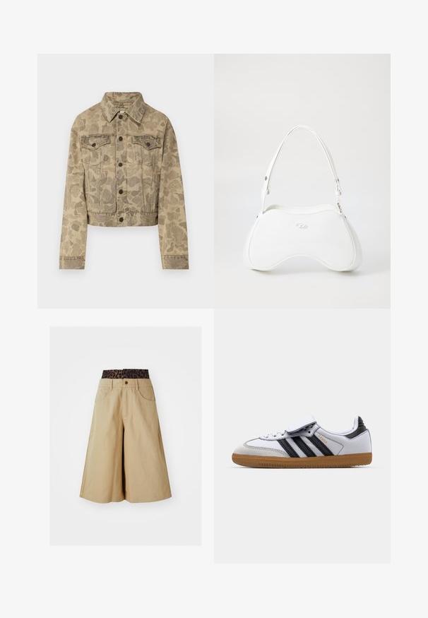 Carhartt WIP DUCK ORELL JACKET - Veste en jean - duck/black; Top croppé à manches longues marron, fabriqué dans un matériau lisse, avec un col rond et une coupe près du corps. Pas de motifs ou d'accents visibles.; Shorts kaki avec une conception à jambe large et une ceinture à imprimé léopard. Comprend des poches avant et une fermeture à bouton. Tissu lisse et texturé.; Baskets en cuir blanc avec des rayures noires et des accents gris, présentant un bout rond et une semelle en caoutchouc beige. Sangle Velcro et fermeture à lacets.; Sac à main blanc avec une surface lisse et brillante, forme courbée et une seule bandoulière ajustable. Il présente un logo embossé à l'avant.