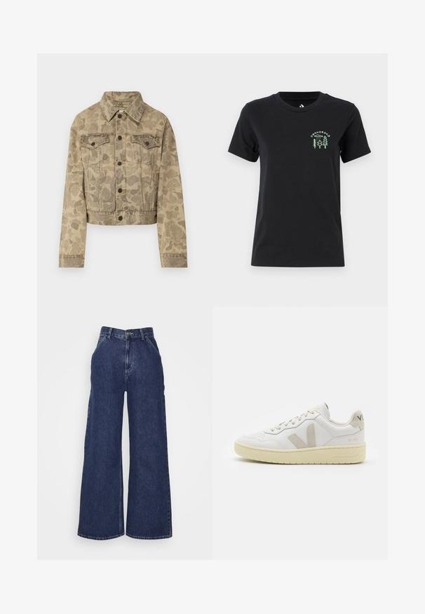 Carhartt WIP DUCK ORELL JACKET - Denim jacket - duck/black; Converse FOREST ART TEE - Print T-shirt - black; Wide-leg denim jeans in dark blue, featuring a high waist, front pockets, and a zipper fly with a metal button. Smooth texture and classic design.; White leather sneaker with beige suede accents, perforated toe box, flat laces, and a textured cream sole. Features subtle branding on heel.