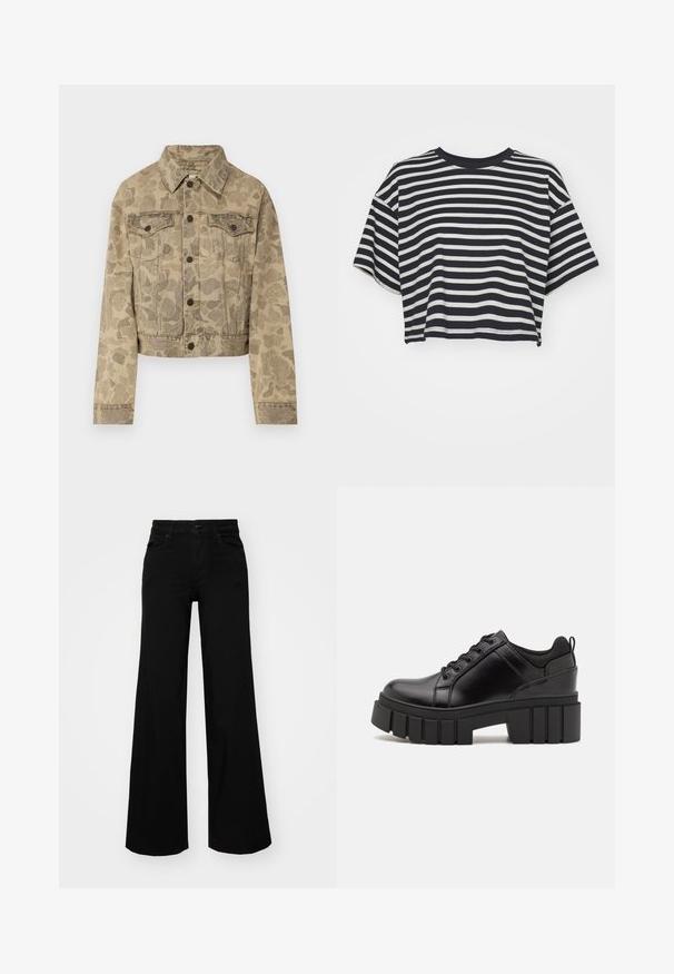 Carhartt WIP DUCK ORELL JACKET - Jeansjakke - duck/black; Stripet cropped t-skjorte i marineblått og hvitt. Korte ermer, rund utringning, mykt stoff med horisontale striper og en avslappet passform.; Svart vide bukser laget av denim, med en strukturert midjebånd, beltestropper og frontlommer. Glatt tekstur med et klassisk design.; Svarte lærplattformsko med kraftig blokkhell, rund tå og tradisjonell snøring. Har en jevn tekstur og minimal detaljering.