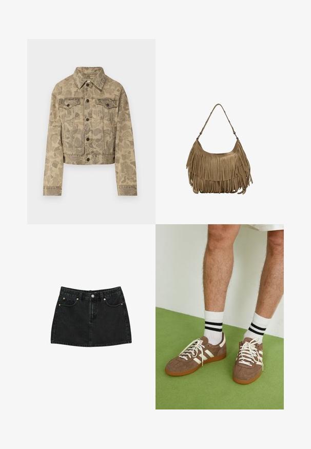 Carhartt WIP DUCK ORELL JACKET - Denimová bunda - duck/black; Stradivarius HALTER WITH EMBROIDERY  - Blúzka - black; Čierna denim mini sukňa s predným gombíkom, pútkami na opasok a dvoma prednými vreckami s medenými nitmi, rozložená na bielom pozadí.; Hnedé zamatové tenisky s bielymi akcentmi a šnúrkami. Gumová podrážka. Nosené s bielymi ponožkami so čiernymi pruhmi. Zelená textúrovaná podlaha.; Hnedá zamková kabelka s dlhými strapcami, zakriveným tvarom a jedným ramenným popruhom. Má hladký, textúrovaný povrch.