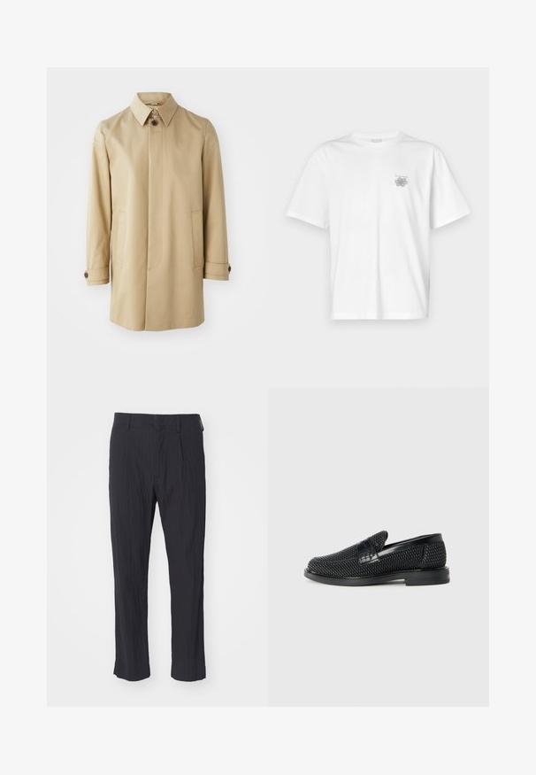 Tiger of Sweden CANE - Puspaltis - sawdust; Balta medvilninė marškinėlių, su trumpomis rankovėmis, apykaklė nei per aukšta, nei per žema, ir mažas pilkas logotipas kairėje krūtinės pusėje. Lygi tekstūra.; Juodos pregamos kelnės su tekstūruotu audiniu, turinčios tiesią kojos dizainą ir standartinį liemenį. Nėra matomų kišenių ar metalinių detalių.; Juodas pintas slip-on tipo batelis su lygiu odiniu akcentu viršuje, apvalios nosies dizainas ir žemas guminis padas.