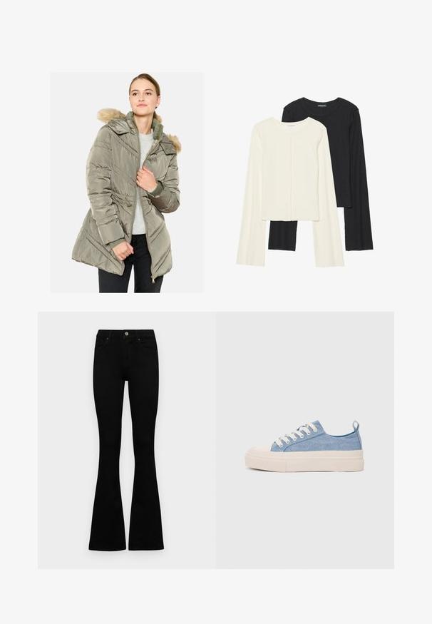 Zaļmilitārā krāsā piepūšamā jaka ar rāvējslēdzēja priekšpusi, noņemamu kapuci ar kažokādas apdari un diagonālām stitching detaļām. Viegls un izolēts dizains.; Divu garo piedurkņu tops komplekts baltā un melnā krāsā. Ribota tekstūra, apaļš kakls, pieguļoša dizaina ar nedaudz izplestām piedurknēm.; Melni augsta jostas šorti ar pogu un rāvējslēdzēju, priekšējām kabatām un izplestām kājām, nolikti uz balta fona.; Gaiši zili kanvas sneakeri ar krēmkrāsas gumijas pirksta aizsargu un ārējo zoli, aprīkoti ar baltām šņorēm un cilpu uz papēža.