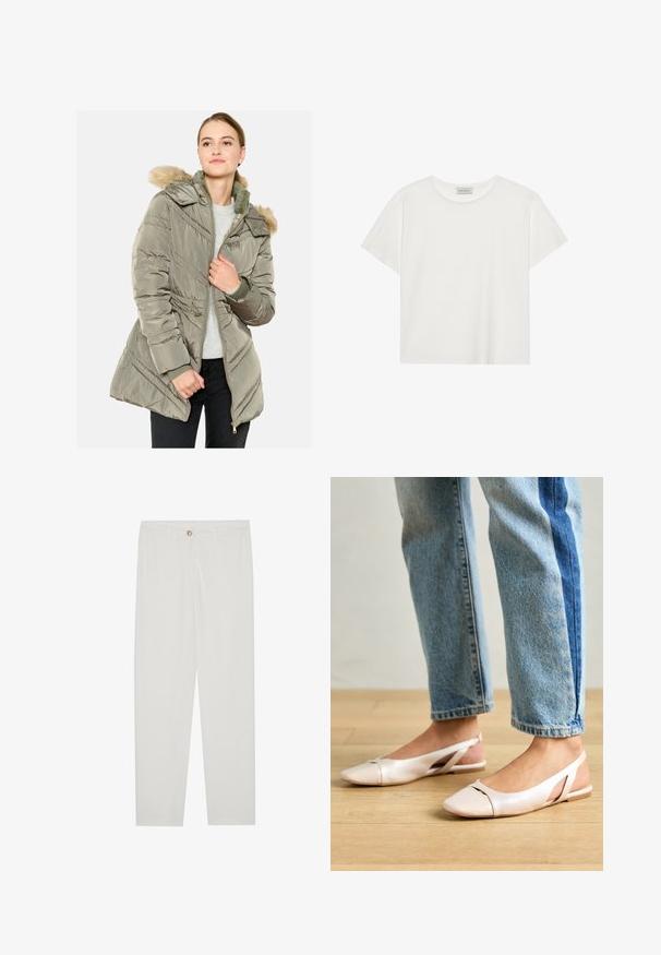 Zaļmilitārā krāsā piepūšamā jaka ar rāvējslēdzēja priekšpusi, noņemamu kapuci ar kažokādas apdari un diagonālām stitching detaļām. Viegls un izolēts dizains.; Balts īsām piedurknēm T-krekls, kas izgatavots no mīksta kokvilnas. Tam ir apaļš izgriezums un brīvs piegriezums. Tīrs dizains bez redzamām rakstiem vai akcentiem.; Baltas, pielāgots bikses ar taisnu kāju dizainu, ar pogu aizdari, jostu cilpām un sānu kabatām; gluda auduma tekstūra.; Bālti rozā siksniņu dzīvokļi ar smailu purngalu, izgatavoti no gludas ādas līdzīgās materiāla. Iezīmē izgriezumu detaļas sānos un platu papēdi.