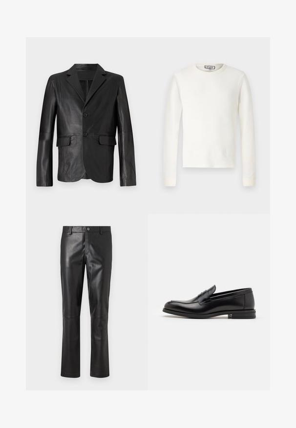 Must muströöp, millel on sakiline krae, kaks nuppu, kaks esikot ja sile tekstuur, kavandatud sobivusega.; Valge pika varrukaga termisärk, millel on ribakujuline tekstuur, ümar kaelus ja elastsed mansetid. Puhtad jooned, ilma mustrite ja lisadega.; Mustad nahkpüksid suju pinnaga, sirge säärega disain ja peen õmblus õmbluste ümber. Omab nupuga kinnitust vöökoht. ; Mustad mustad nahast loafers sileda tekstuuriga, ümarat ninaosa ja dekoratiivne riba vampi üle. Madal kihiline konts, minimalistlik disain.