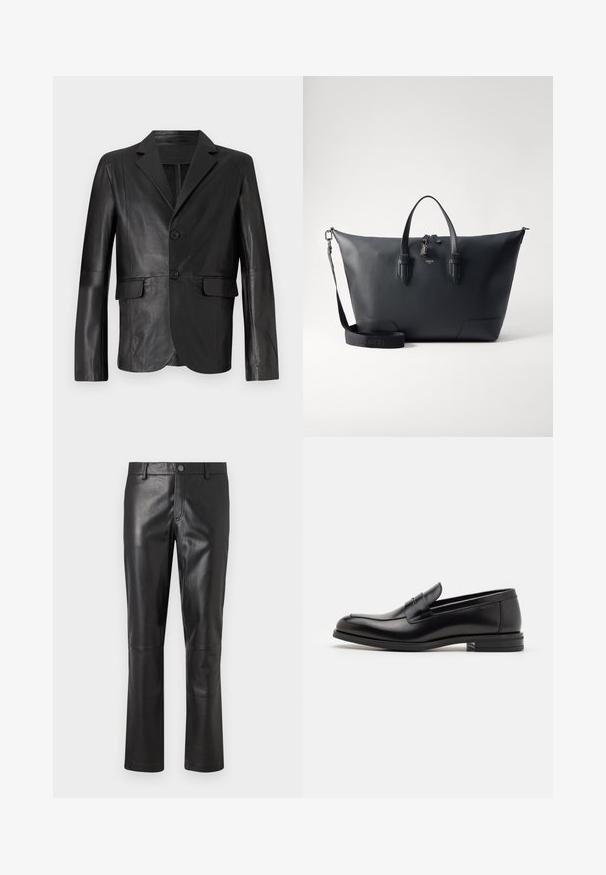 Melnas ādas žakete ar ieliekamu apkakli, divām pogām, divām priekšējām kabatām un gludu tekstūru, izstrādāta ar piegulošu griezumu.; Balta garām piedurknēm termo krekls ar ribotu tekstūru, apaļu izgriezumu un elastīgiem aproces galiem. Tīrs dizains bez rakstiem vai papildu akcentiem.; Melnas ādas bikses ar gludu tekstūru, taisniem griezumiem un smalkām šuvēm garam. Aprīkotas ar pogu aizdari jostasvietā.; Melnas ādas kurpes ar gludu tekstūru, noapaļu purngalu un dekoratīvu siksniņu pāri priekšpusei. Zems sakrauts papēdis, minimālisma dizains.; Lancel CHARLIE UNISEX - Portfelis - black