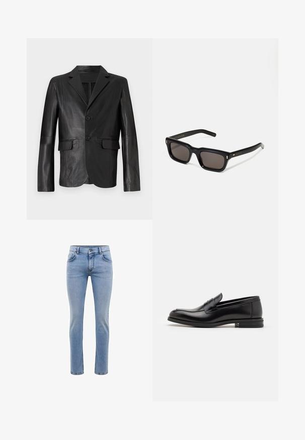 Juodas odinis švarkas su iškirptu apykakle, dviem mygtukais, dviem priekinėmis kišenėmis ir lygiu paviršiumi, sukurtas pritaikyta siluetu.; Juodas trumpomis rankovėmis marškinėliai, pagaminti iš medvilnės. Turi apvalų kaklą ir klasikinį siluetą. Nėra matomų raštų ar metalinių detalių.; Šviesiai mėlynos džinsinės kelnės su siauromis kojomis, penkiais kišenėmis ir tiesiomis kojomis. Su užtrauktuku ir diržo kilpomis. Švelnus paviršius.; Juodos odinės loafers, turinčios lygų paviršių, apvalią noselę ir dekoratyvinę juostą per priekinę dalį. Žemas krentantis kulnas, minimalistinis dizainas.; Juodos stačiakampės akinių nuo saulės su tamsiais objektyvais, storu plastiko rėmu, auksinėmis detalėmis ant šventyklų ir prekės ženklo logotipu išgraviruotu ant šono.